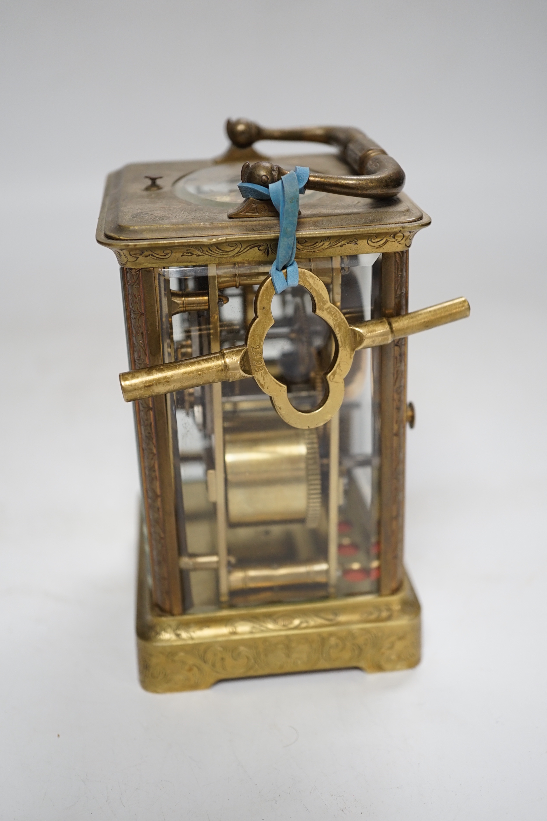 A late 19th century brass carriage clock, 12cm high